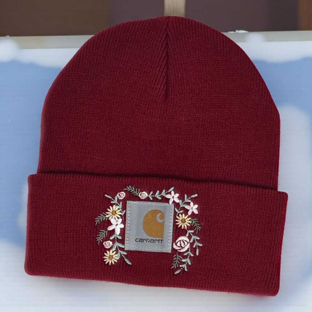 Embroidered Floral Knit Beanie – Deep Red - Picture 2 of 3